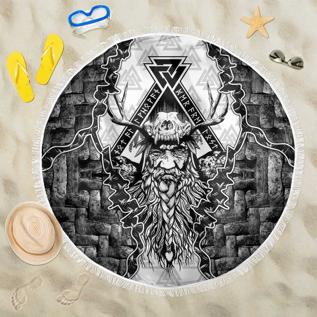 Odin and Skull Warrior Norse Mythology Beach Blanket Viking Black and White Engraved Stone Art