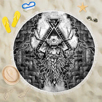 Odin and Skull Warrior Norse Mythology Beach Blanket Viking Black and White Engraved Stone Art