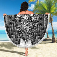 Odin and Skull Warrior Norse Mythology Beach Blanket Viking Black and White Engraved Stone Art