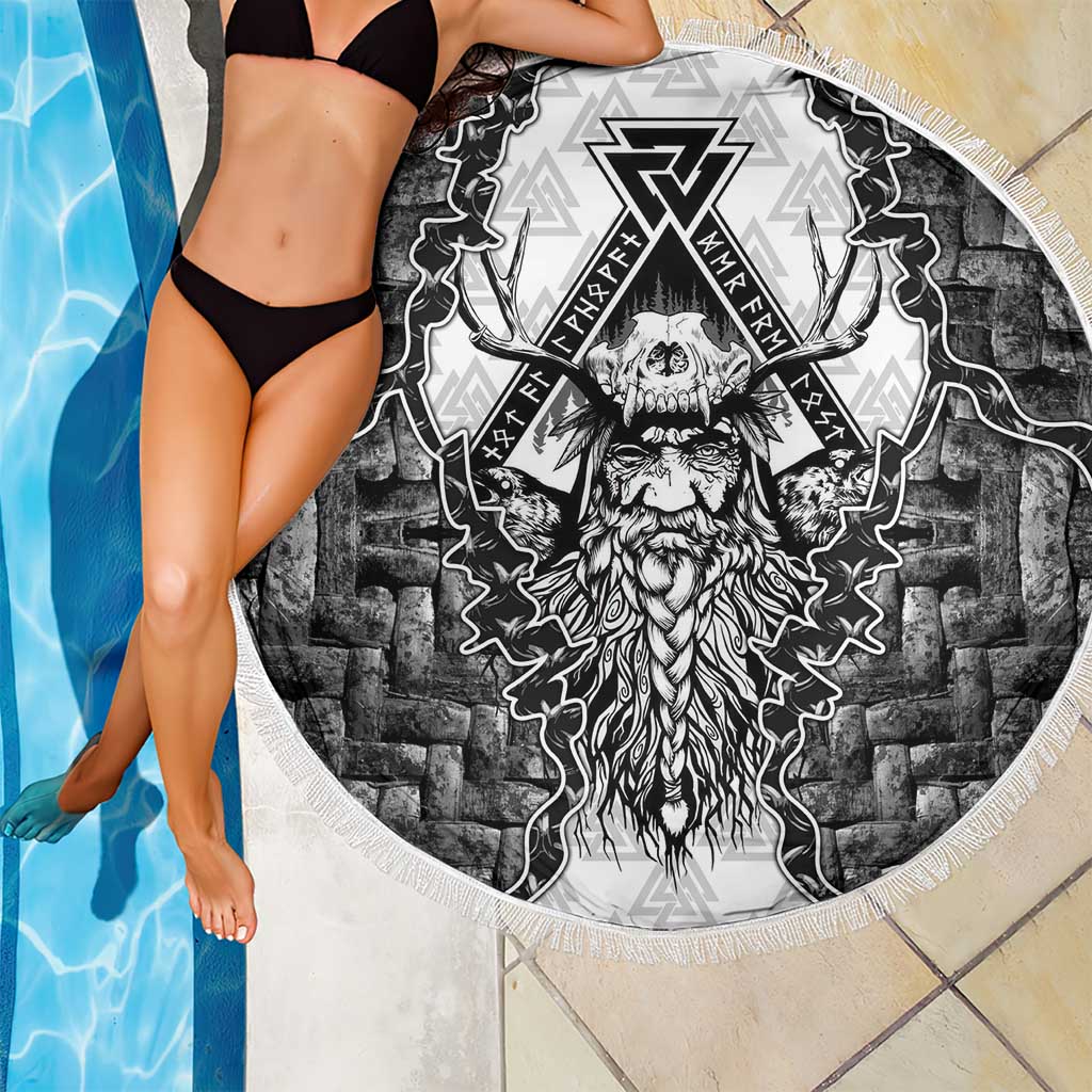 Odin and Skull Warrior Norse Mythology Beach Blanket Viking Black and White Engraved Stone Art