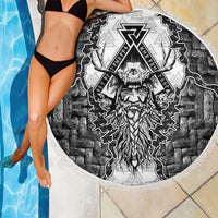 Odin and Skull Warrior Norse Mythology Beach Blanket Viking Black and White Engraved Stone Art