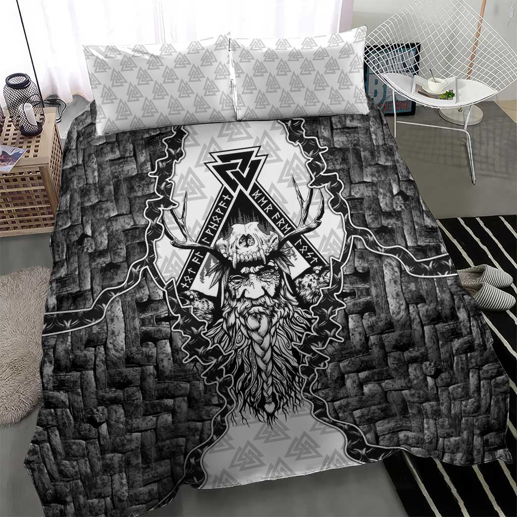 Odin and Skull Warrior Norse Mythology Bedding Set Viking Black and White Engraved Stone Art