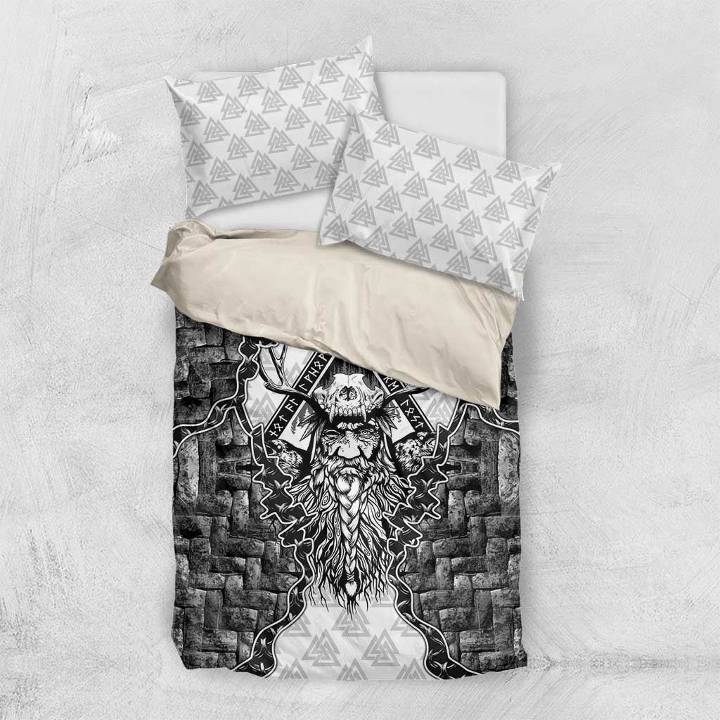 Odin and Skull Warrior Norse Mythology Bedding Set Viking Black and White Engraved Stone Art