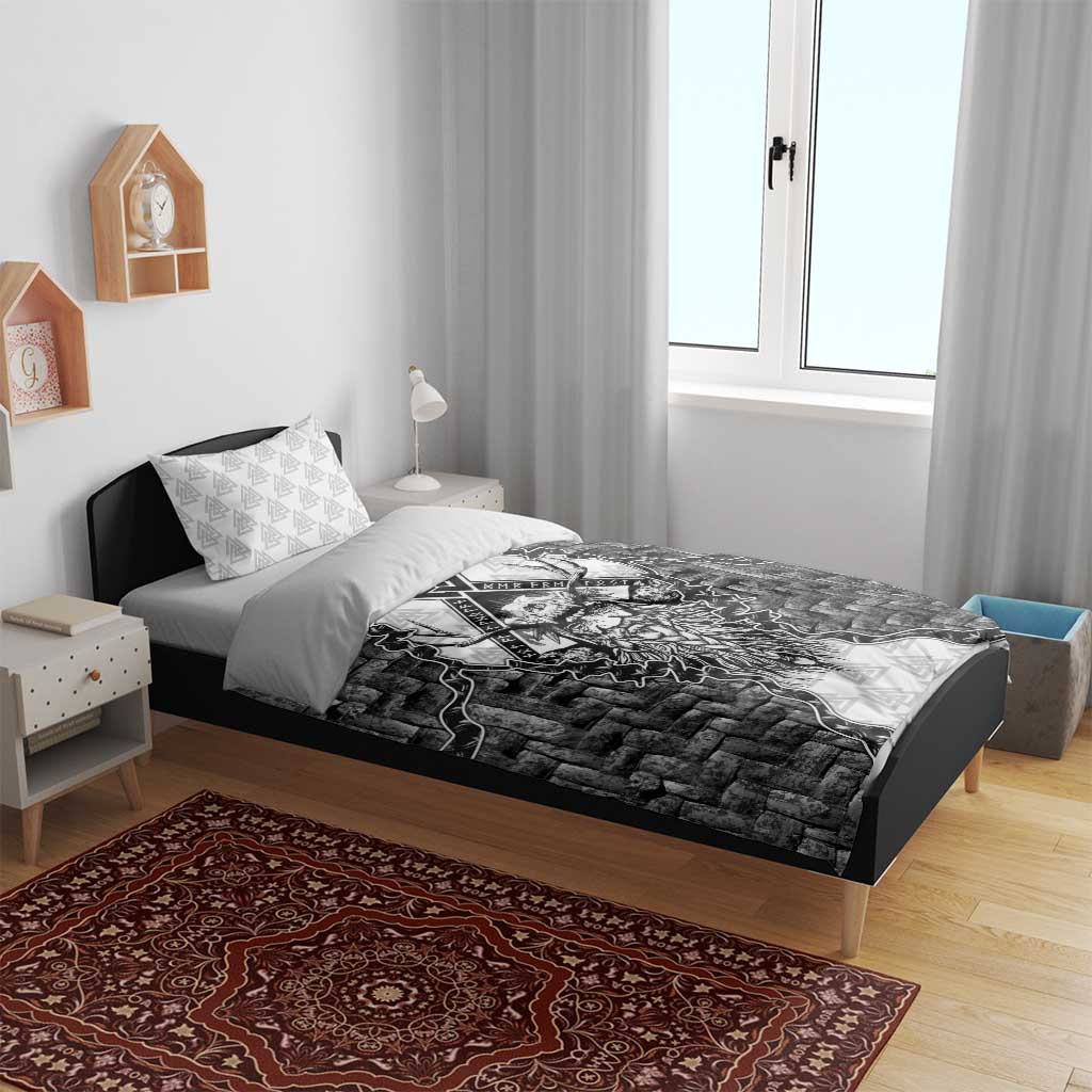 Odin and Skull Warrior Norse Mythology Bedding Set Viking Black and White Engraved Stone Art