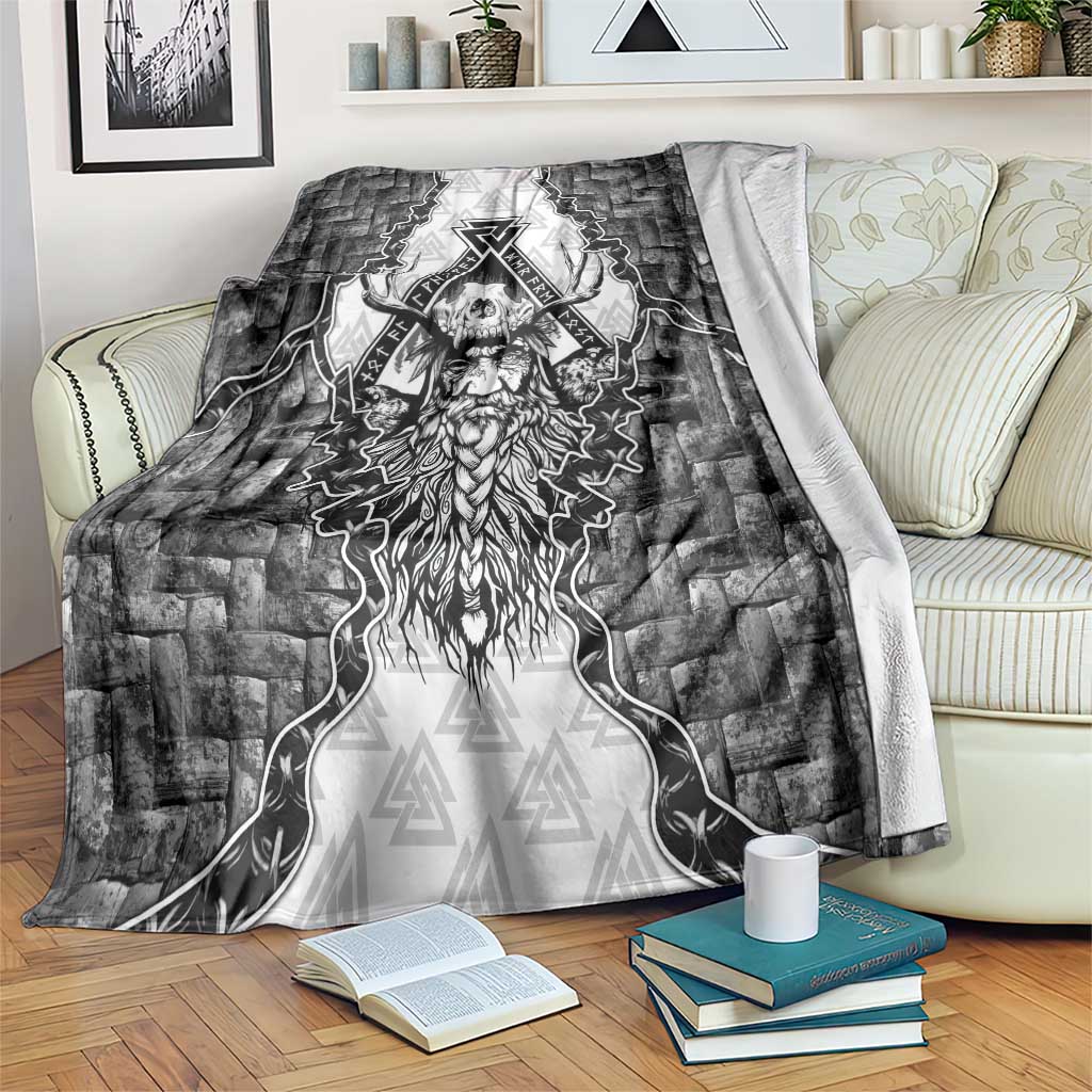Odin and Skull Warrior Norse Mythology Blanket Viking Black and White Engraved Stone Art
