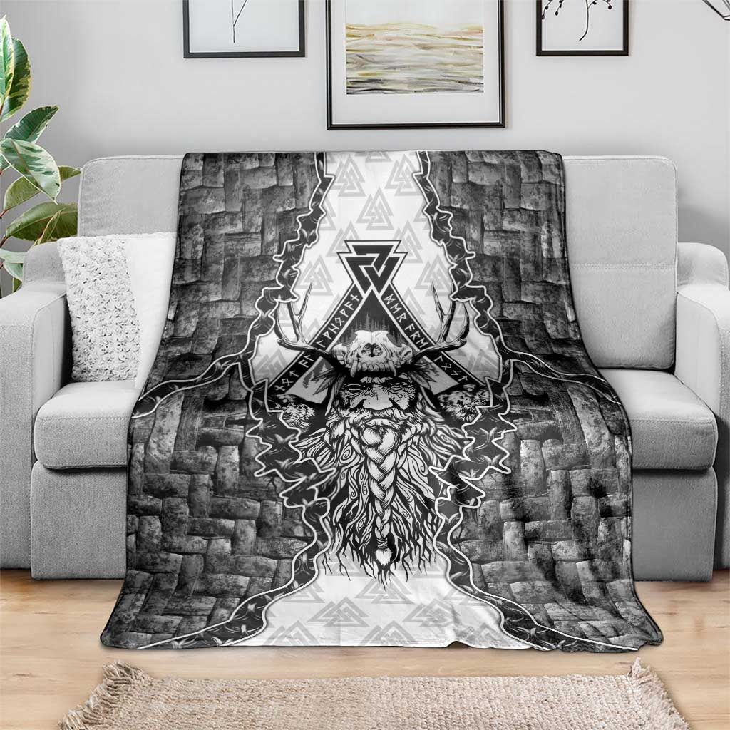 Odin and Skull Warrior Norse Mythology Blanket Viking Black and White Engraved Stone Art