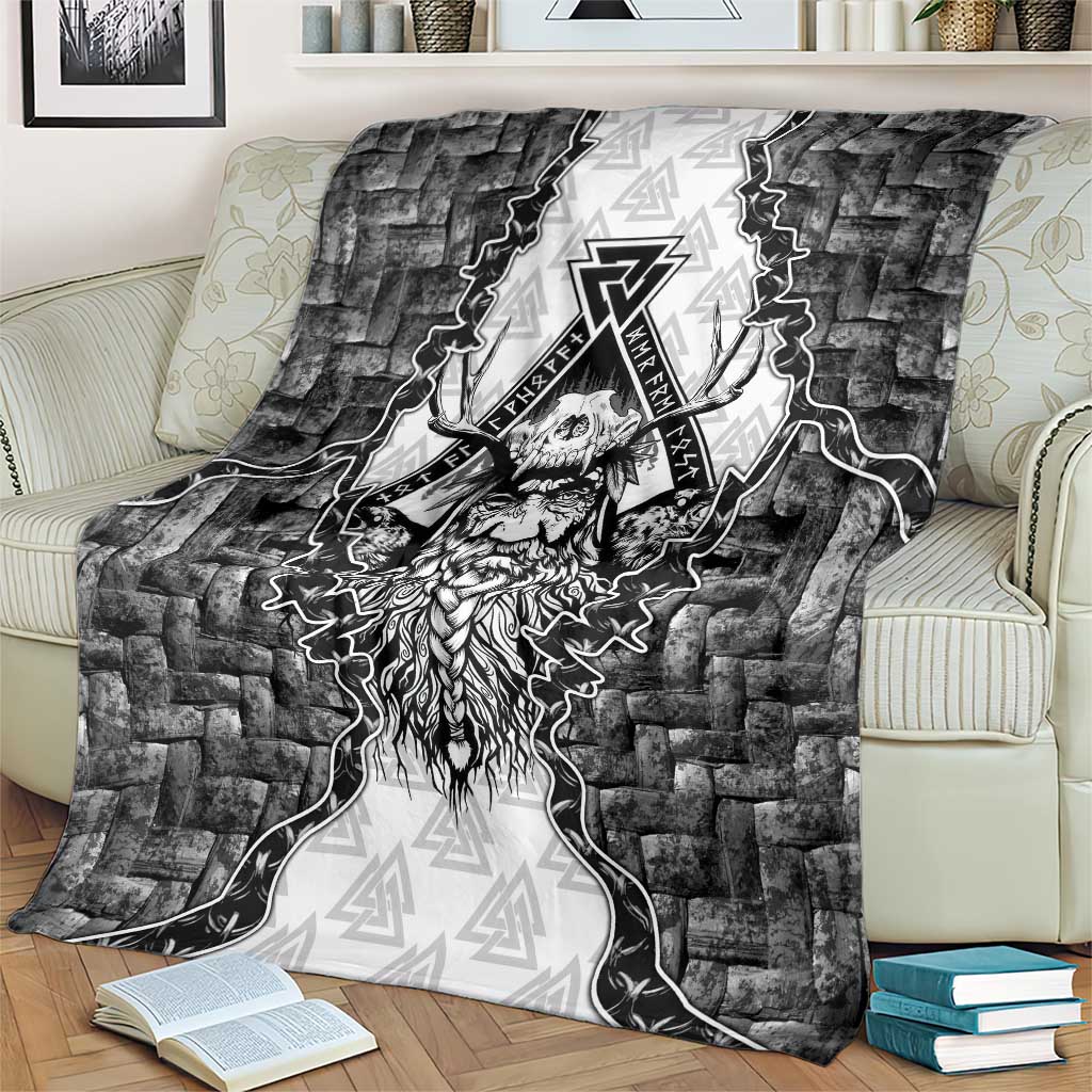 Odin and Skull Warrior Norse Mythology Blanket Viking Black and White Engraved Stone Art