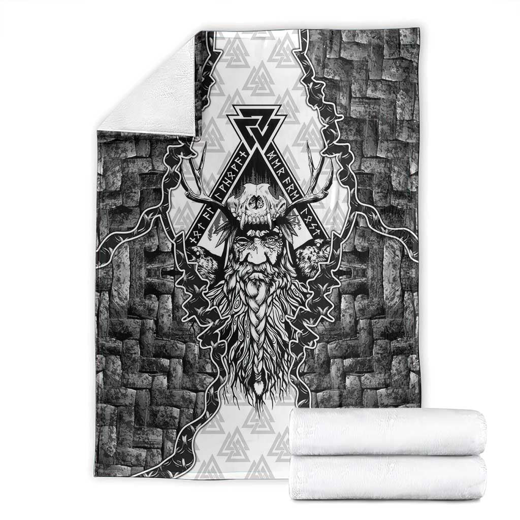 Odin and Skull Warrior Norse Mythology Blanket Viking Black and White Engraved Stone Art