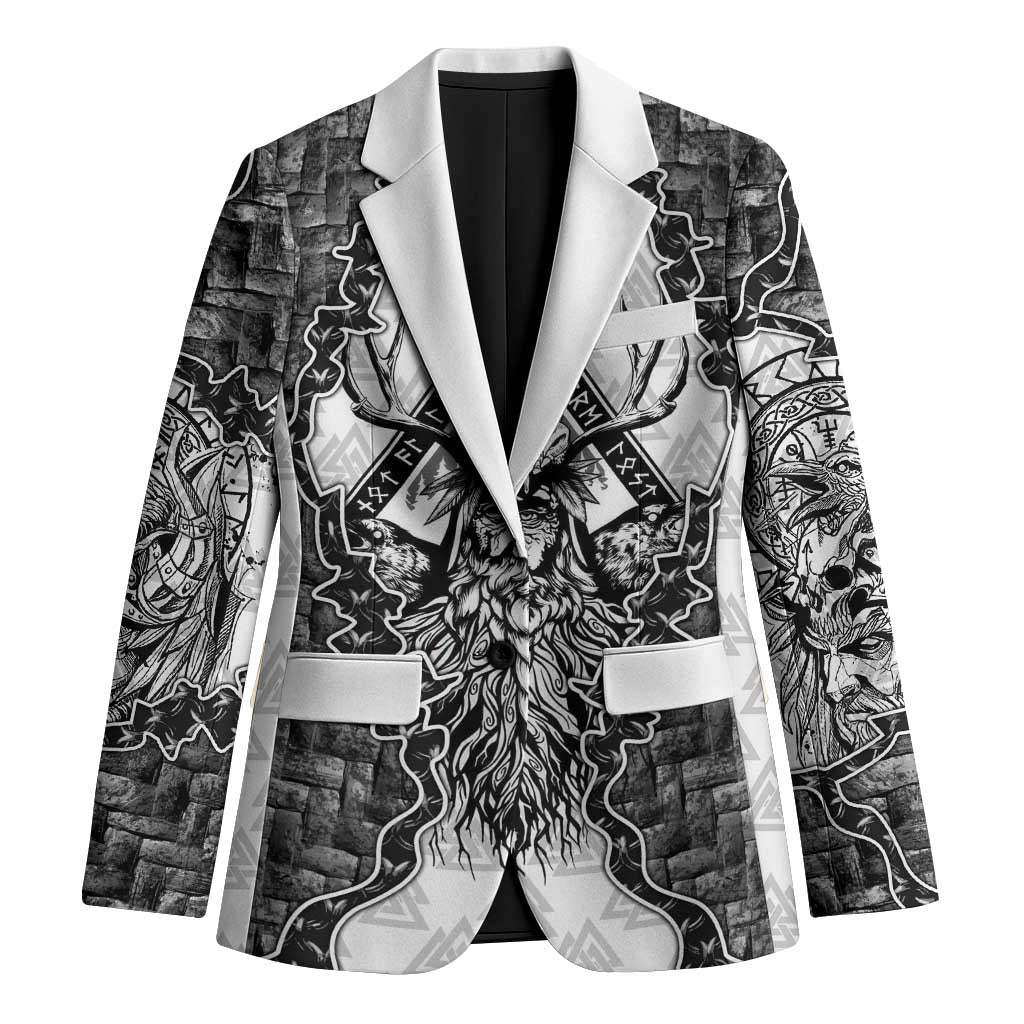 Odin and Skull Warrior Norse Mythology Blazer Viking Black and White Engraved Stone Art
