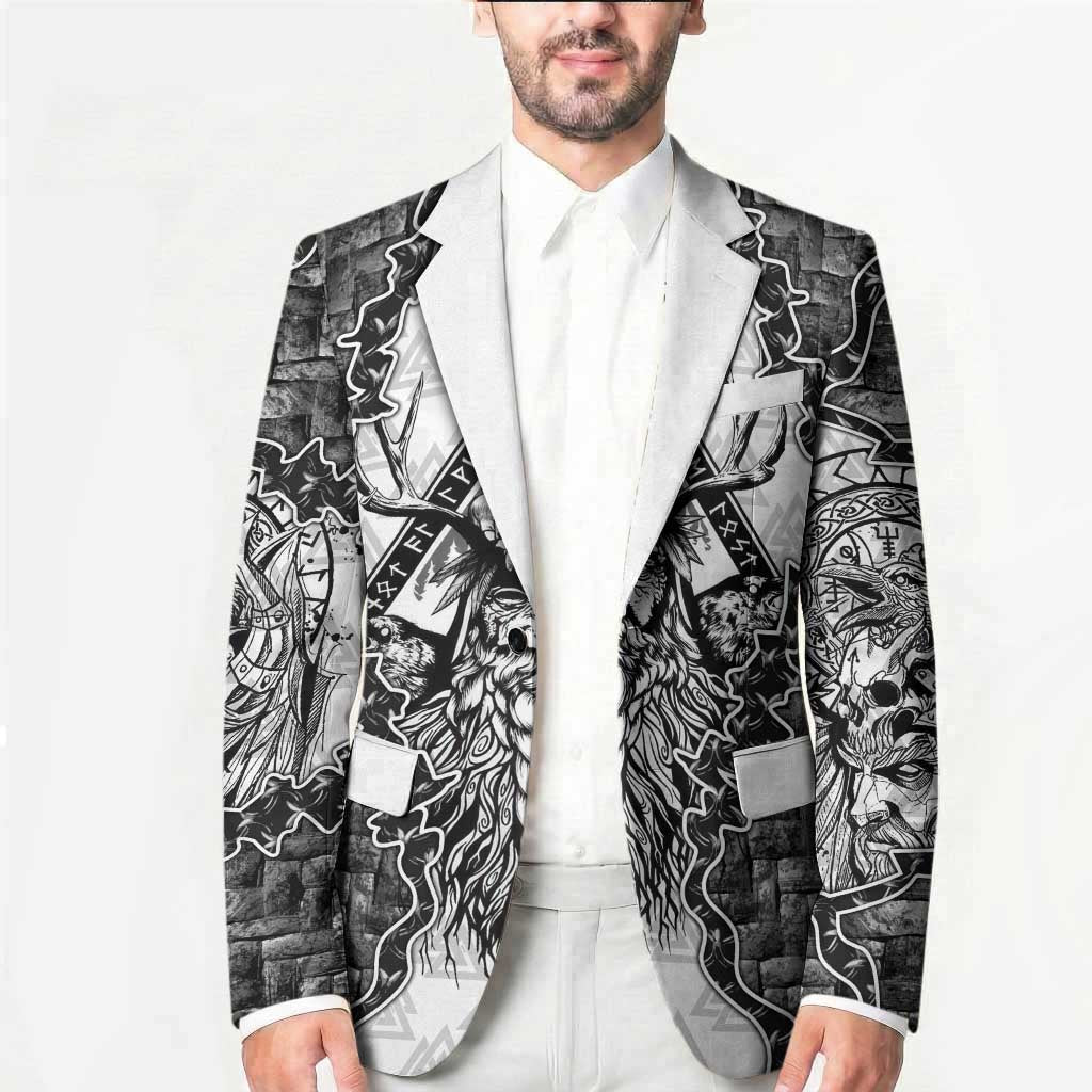 Odin and Skull Warrior Norse Mythology Blazer Viking Black and White Engraved Stone Art