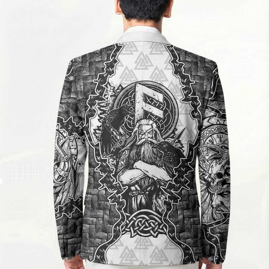 Odin and Skull Warrior Norse Mythology Blazer Viking Black and White Engraved Stone Art