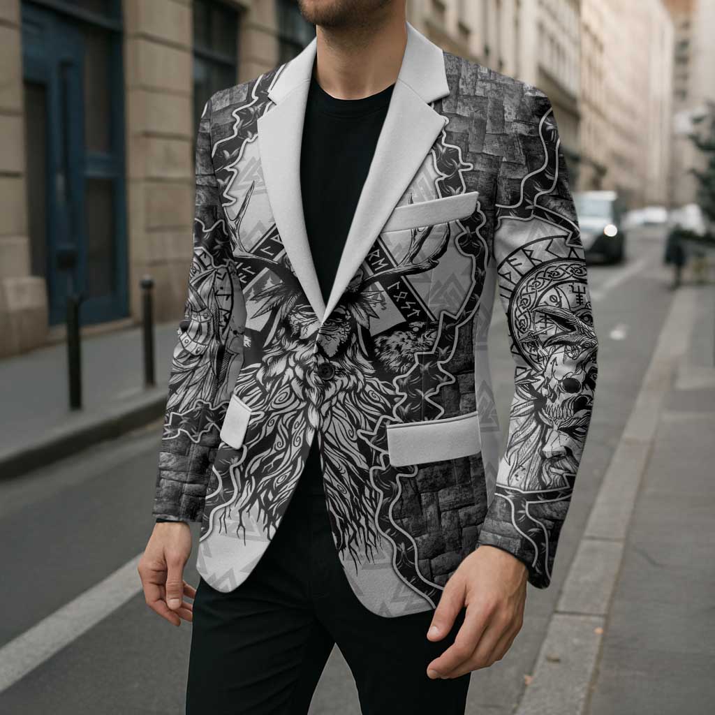 Odin and Skull Warrior Norse Mythology Blazer Viking Black and White Engraved Stone Art