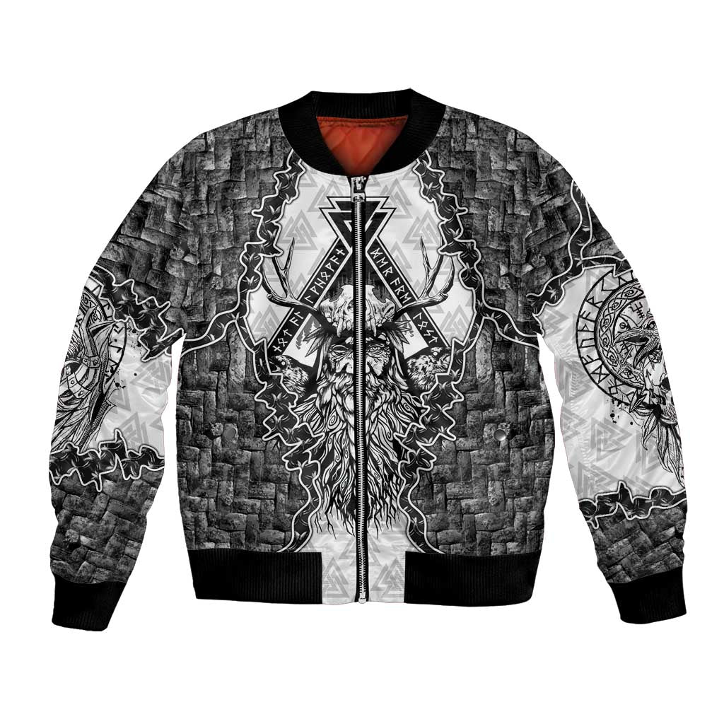 Odin and Skull Warrior Norse Mythology Bomber Jacket Viking Black and White Engraved Stone Art