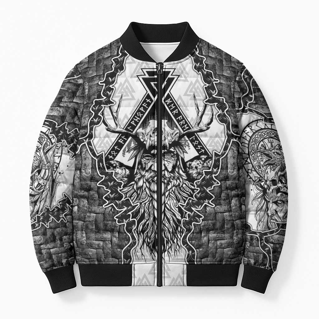 Odin and Skull Warrior Norse Mythology Bomber Puffer Jacket Viking Black and White Engraved Stone Art