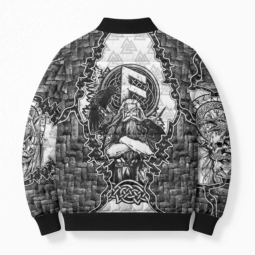 Odin and Skull Warrior Norse Mythology Bomber Puffer Jacket Viking Black and White Engraved Stone Art