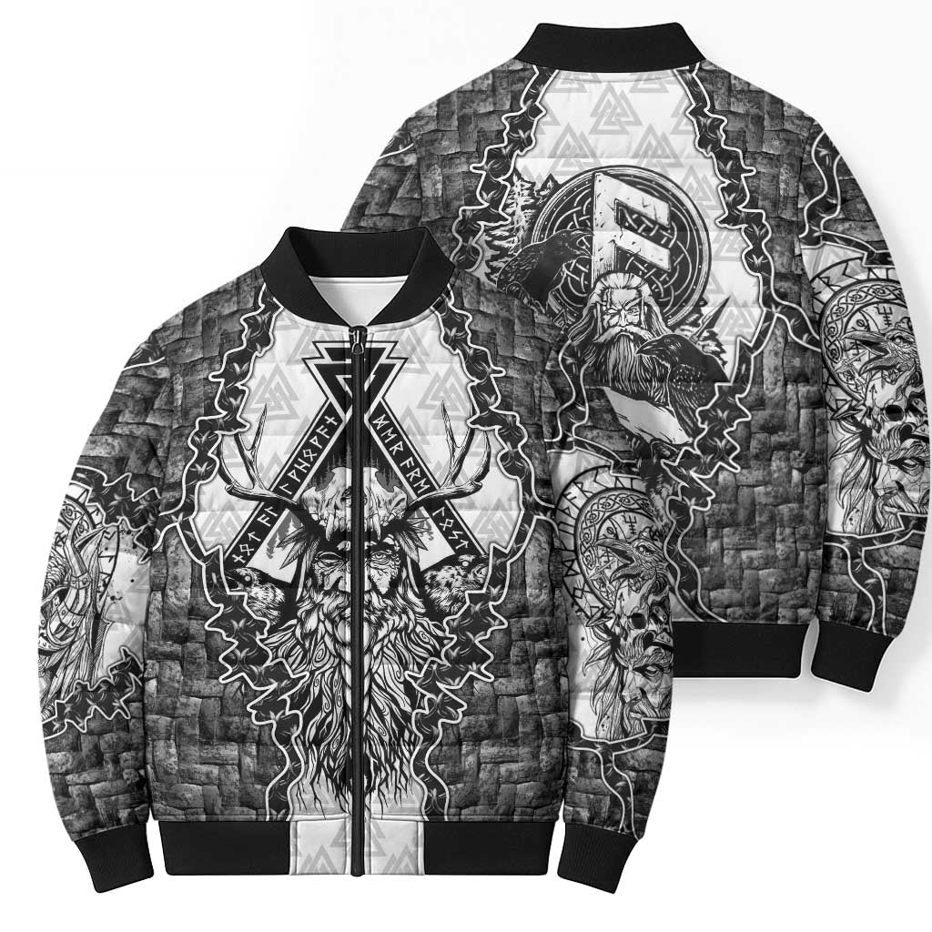 Odin and Skull Warrior Norse Mythology Bomber Puffer Jacket Viking Black and White Engraved Stone Art
