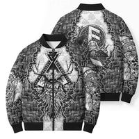 Odin and Skull Warrior Norse Mythology Bomber Puffer Jacket Viking Black and White Engraved Stone Art