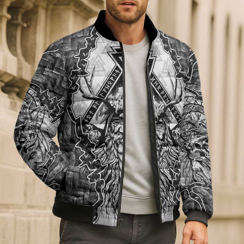 Odin and Skull Warrior Norse Mythology Bomber Puffer Jacket Viking Black and White Engraved Stone Art