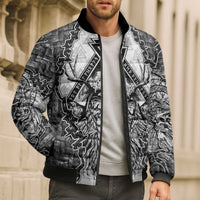 Odin and Skull Warrior Norse Mythology Bomber Puffer Jacket Viking Black and White Engraved Stone Art