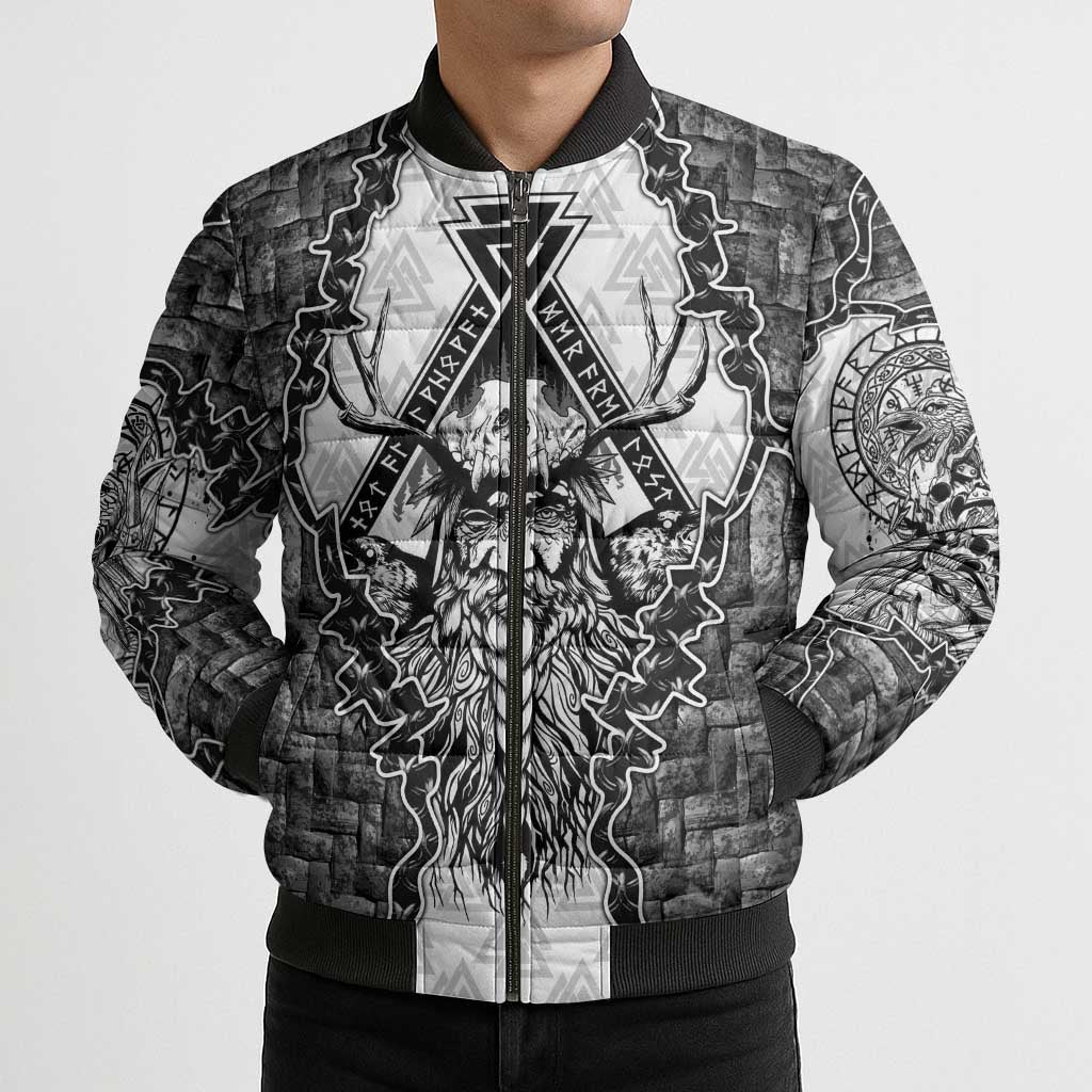 Odin and Skull Warrior Norse Mythology Bomber Puffer Jacket Viking Black and White Engraved Stone Art