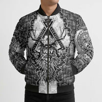 Odin and Skull Warrior Norse Mythology Bomber Puffer Jacket Viking Black and White Engraved Stone Art