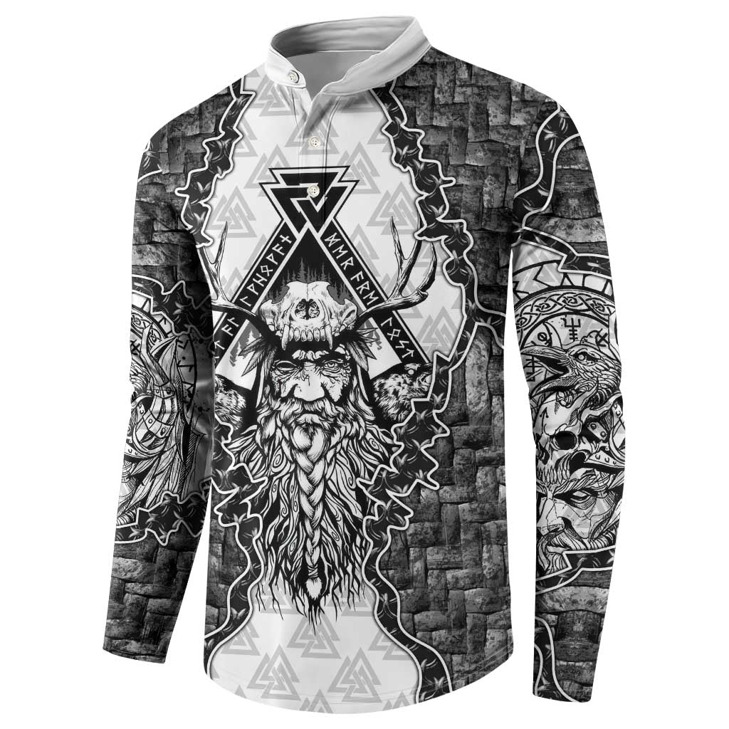 Odin and Skull Warrior Norse Mythology Button Sweatshirt Viking Black and White Engraved Stone Art