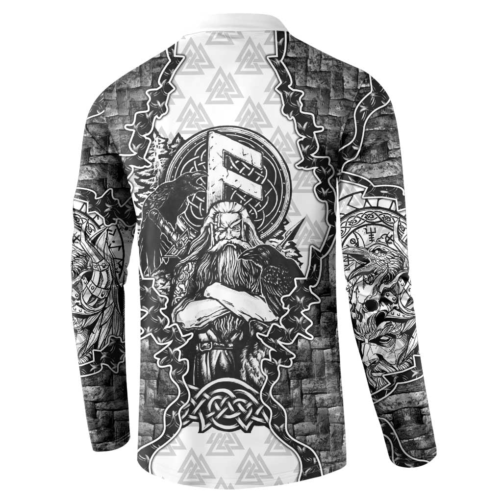 Odin and Skull Warrior Norse Mythology Button Sweatshirt Viking Black and White Engraved Stone Art