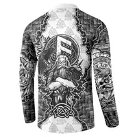Odin and Skull Warrior Norse Mythology Button Sweatshirt Viking Black and White Engraved Stone Art