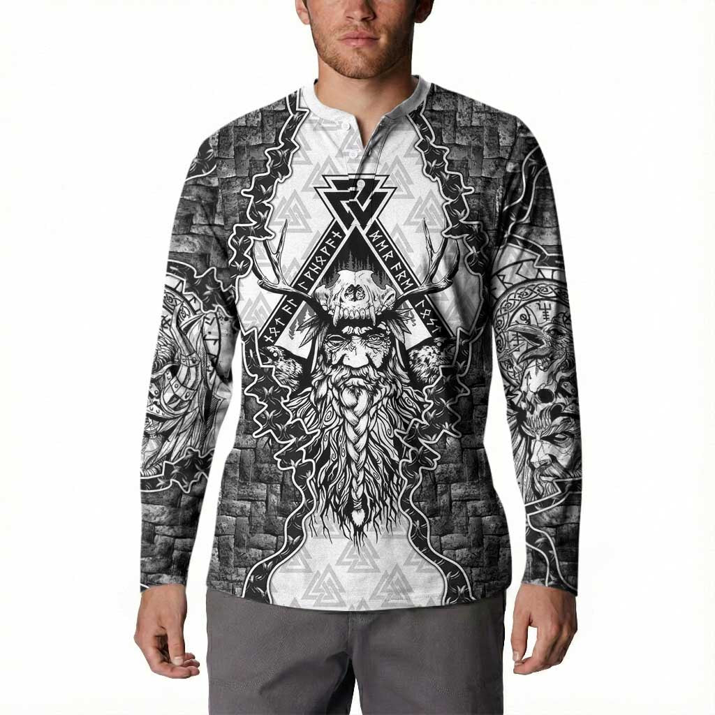 Odin and Skull Warrior Norse Mythology Button Sweatshirt Viking Black and White Engraved Stone Art