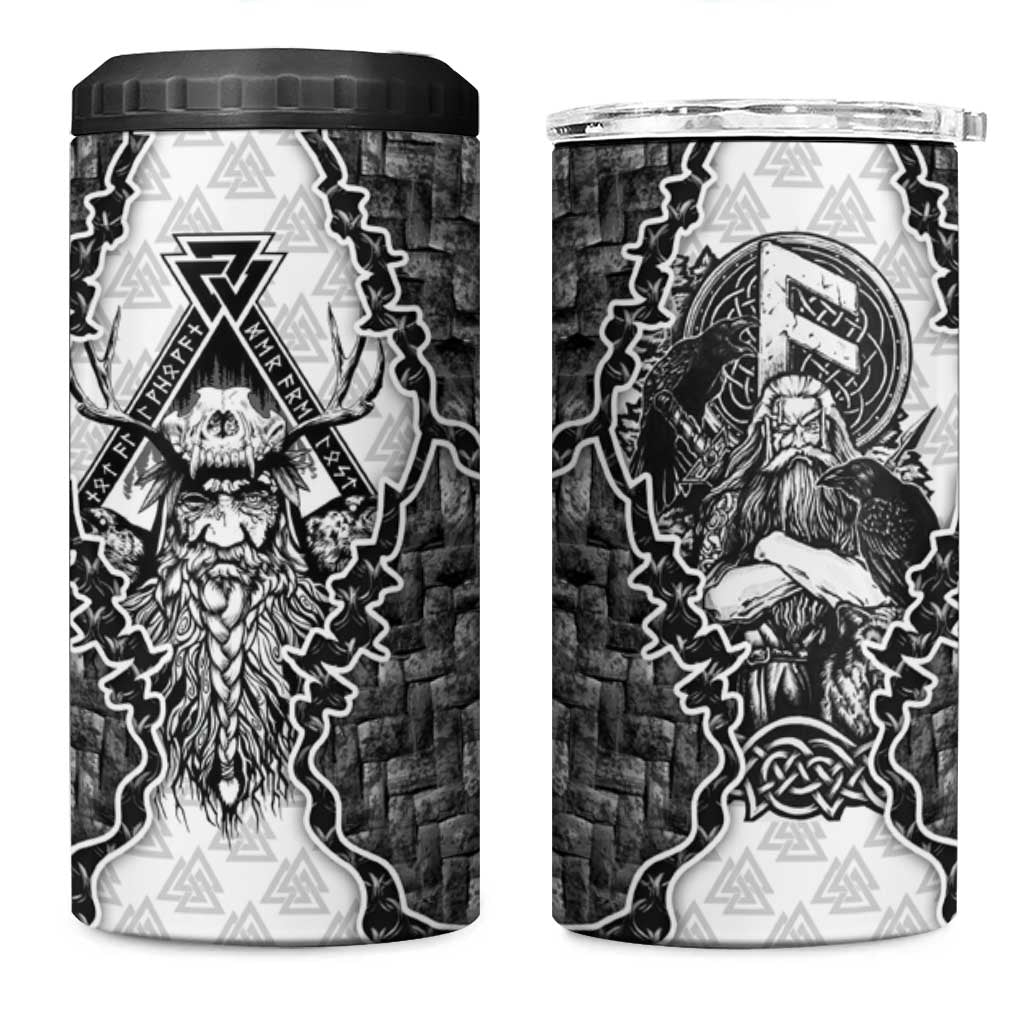 Odin and Skull Warrior Norse Mythology 4 in 1 Can Cooler Tumbler Viking Black and White Engraved Stone Art