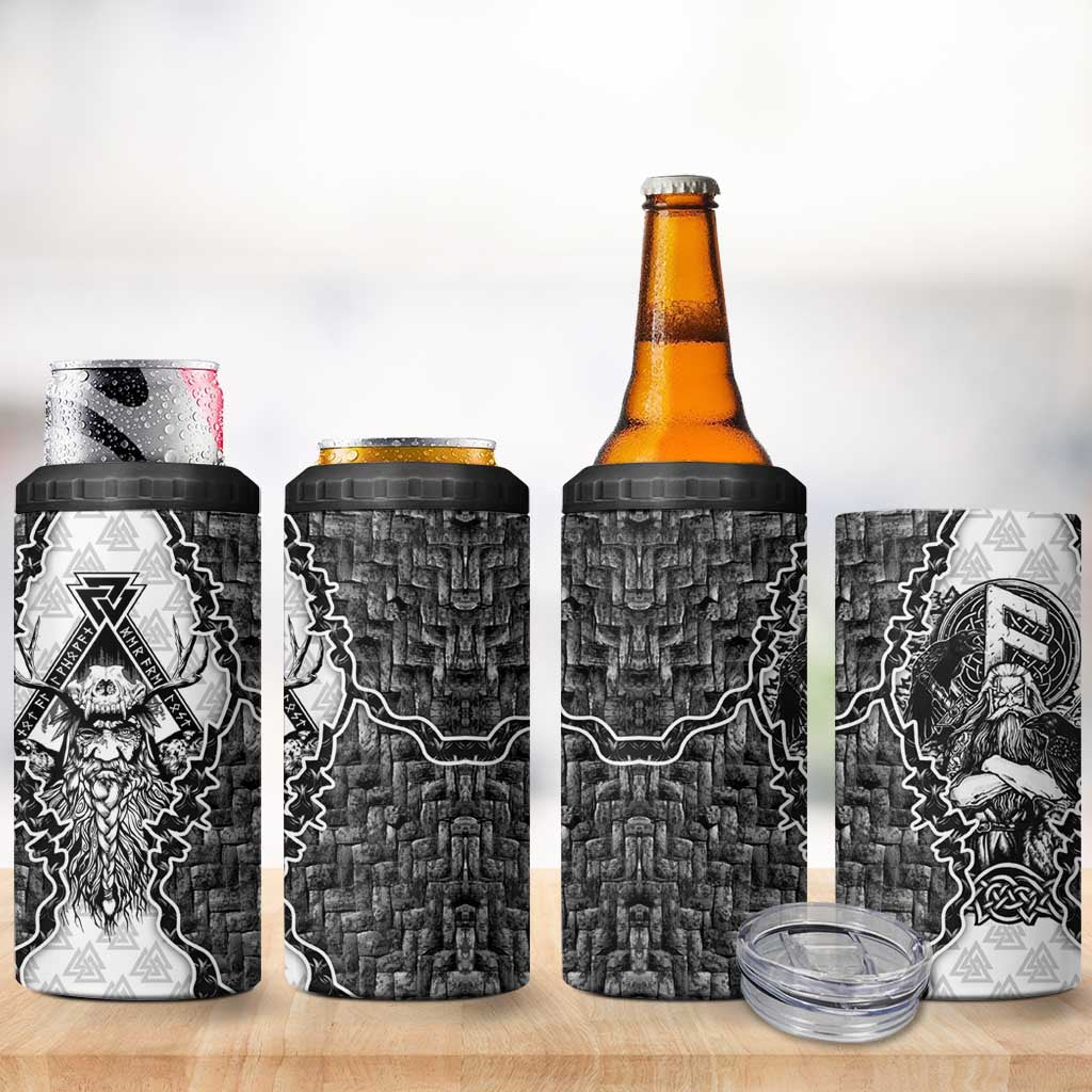Odin and Skull Warrior Norse Mythology 4 in 1 Can Cooler Tumbler Viking Black and White Engraved Stone Art