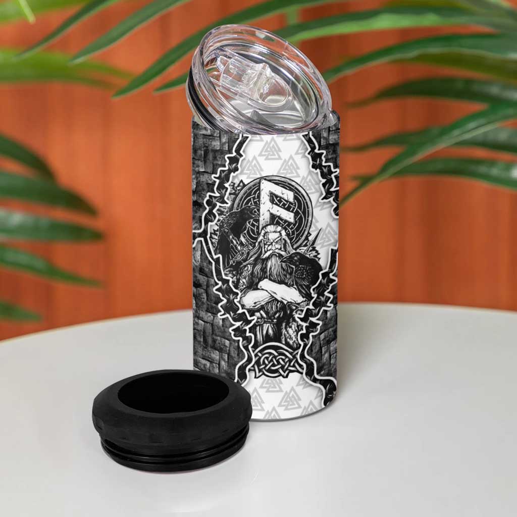Odin and Skull Warrior Norse Mythology 4 in 1 Can Cooler Tumbler Viking Black and White Engraved Stone Art