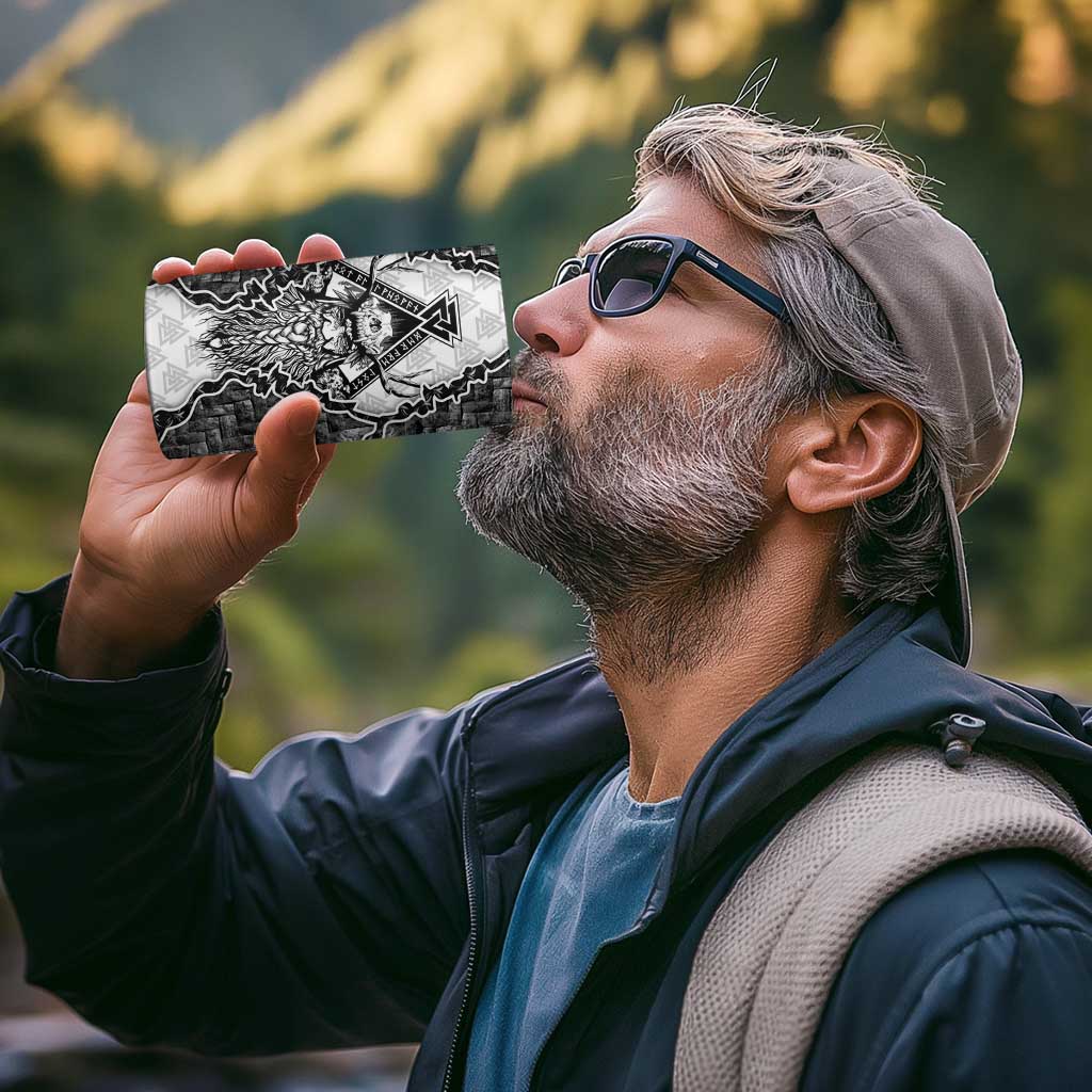 Odin and Skull Warrior Norse Mythology 4 in 1 Can Cooler Tumbler Viking Black and White Engraved Stone Art