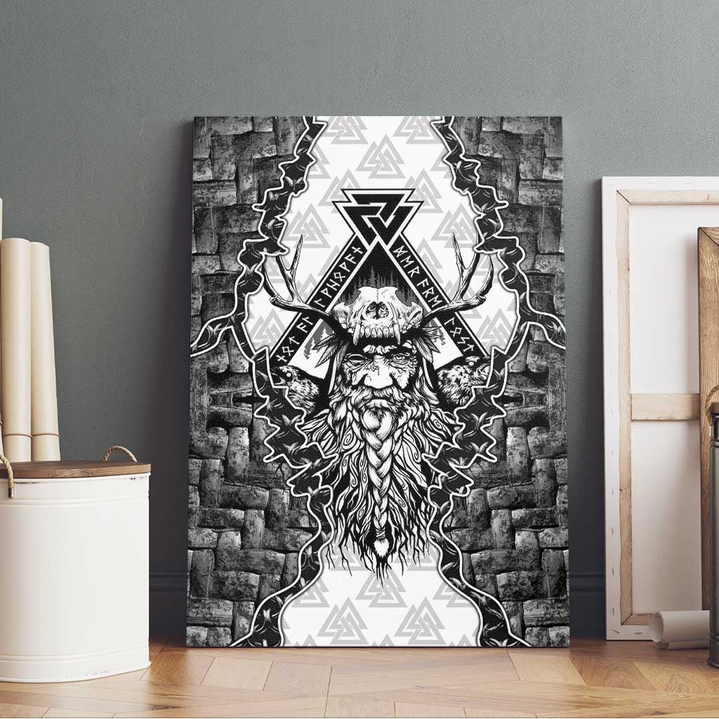 Odin and Skull Warrior Norse Mythology Canvas Wall Art Viking Black and White Engraved Stone Art