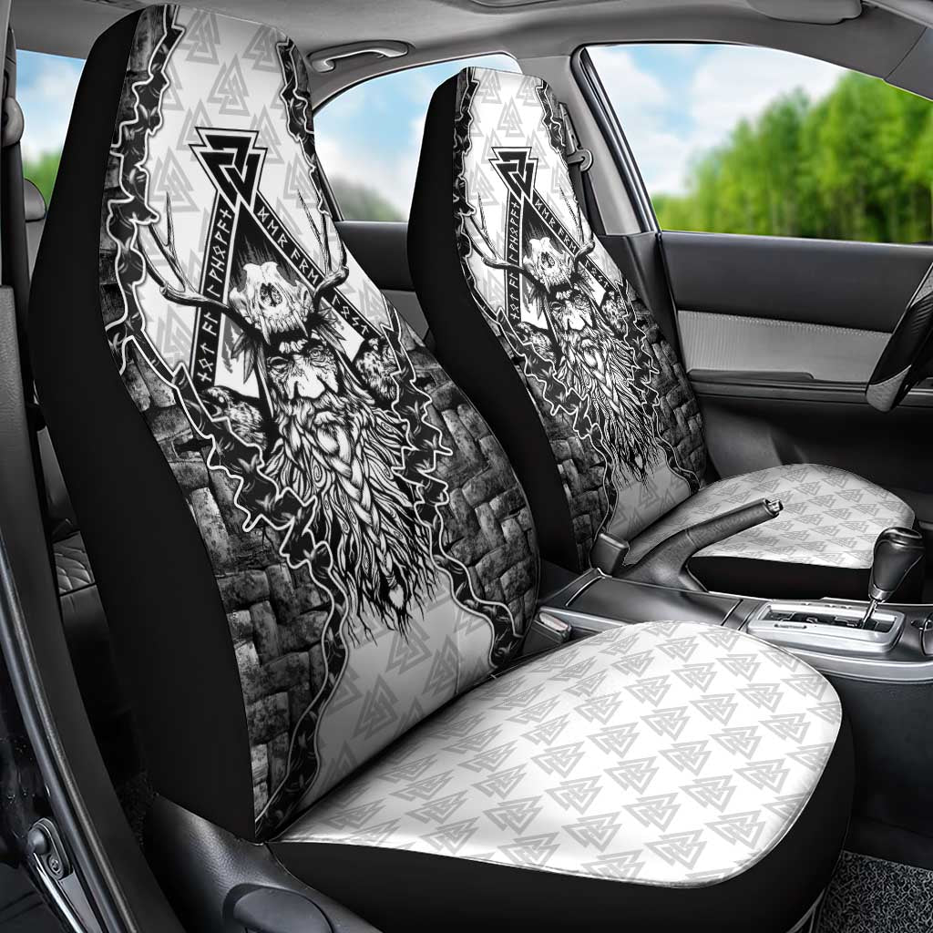 Odin and Skull Warrior Norse Mythology Car Seat Cover Viking Black and White Engraved Stone Art
