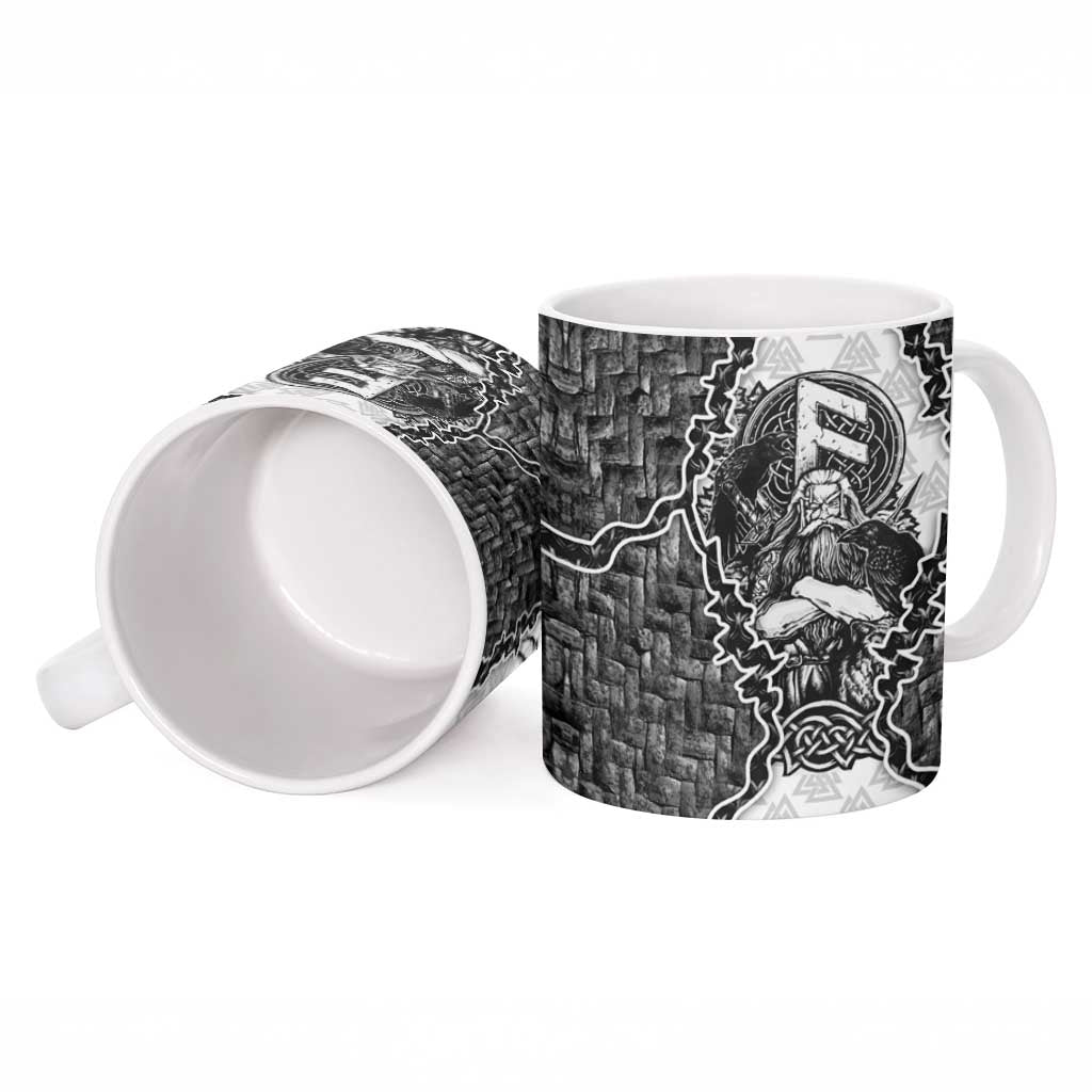 Odin and Skull Warrior Norse Mythology Ceramic Mug Viking Black and White Engraved Stone Art