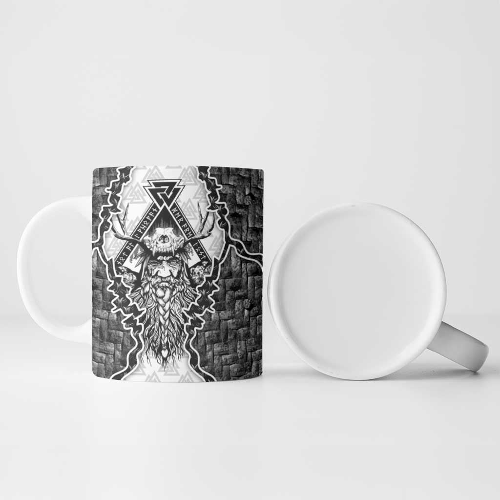 Odin and Skull Warrior Norse Mythology Ceramic Mug Viking Black and White Engraved Stone Art