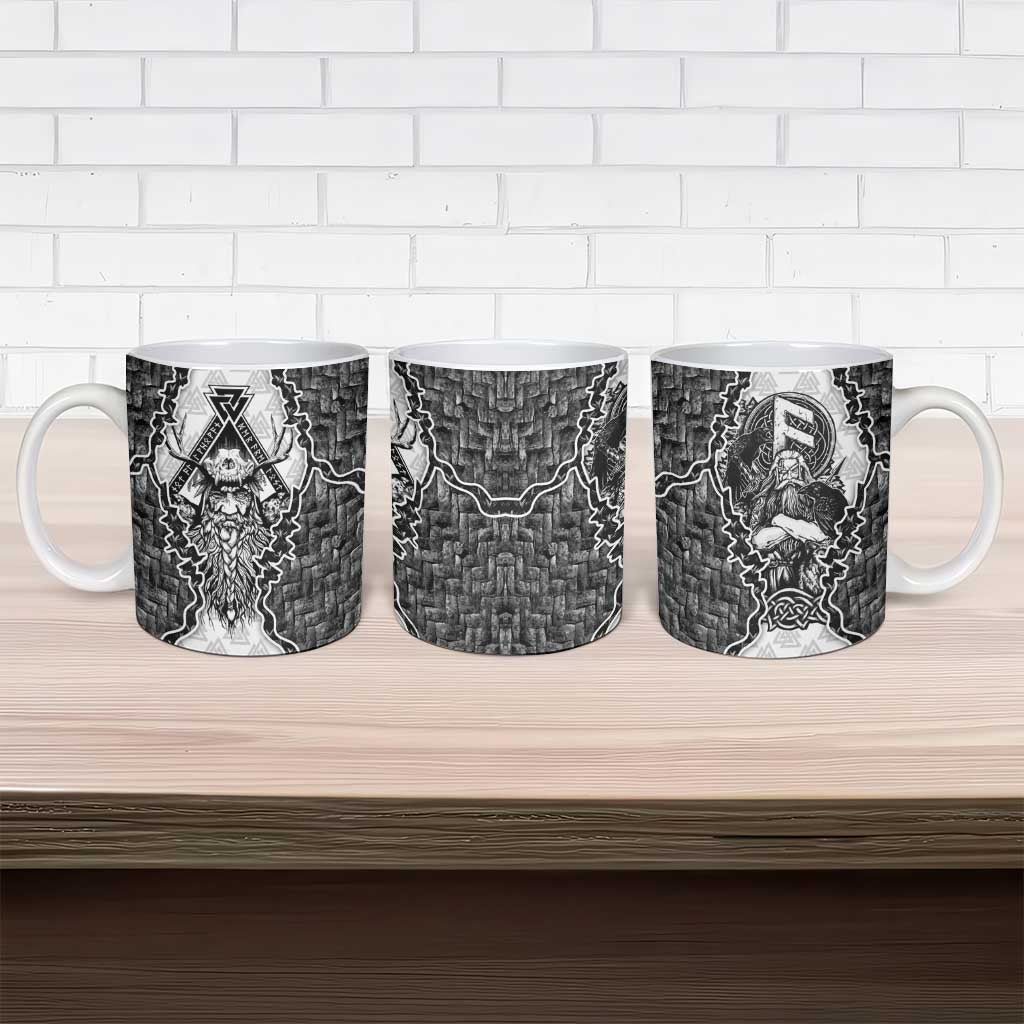 Odin and Skull Warrior Norse Mythology Ceramic Mug Viking Black and White Engraved Stone Art