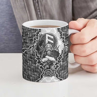 Odin and Skull Warrior Norse Mythology Ceramic Mug Viking Black and White Engraved Stone Art