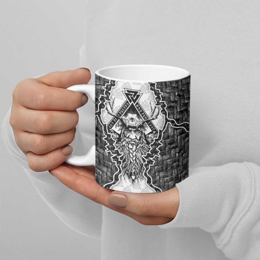 Odin and Skull Warrior Norse Mythology Ceramic Mug Viking Black and White Engraved Stone Art
