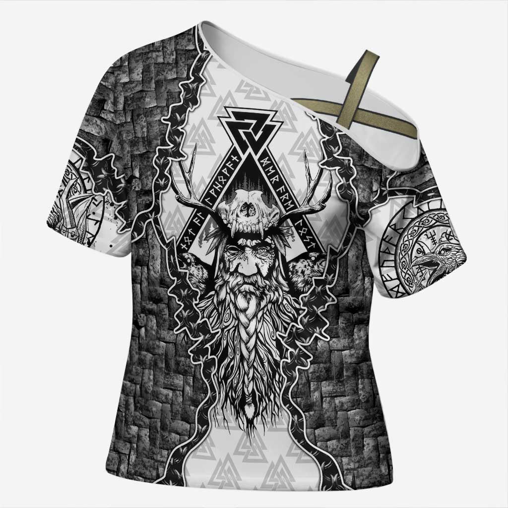 Odin and Skull Warrior Norse Mythology Cross Shoulder Shirt Viking Black and White Engraved Stone Art
