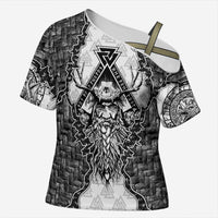 Odin and Skull Warrior Norse Mythology Cross Shoulder Shirt Viking Black and White Engraved Stone Art