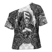 Odin and Skull Warrior Norse Mythology Cross Shoulder Shirt Viking Black and White Engraved Stone Art