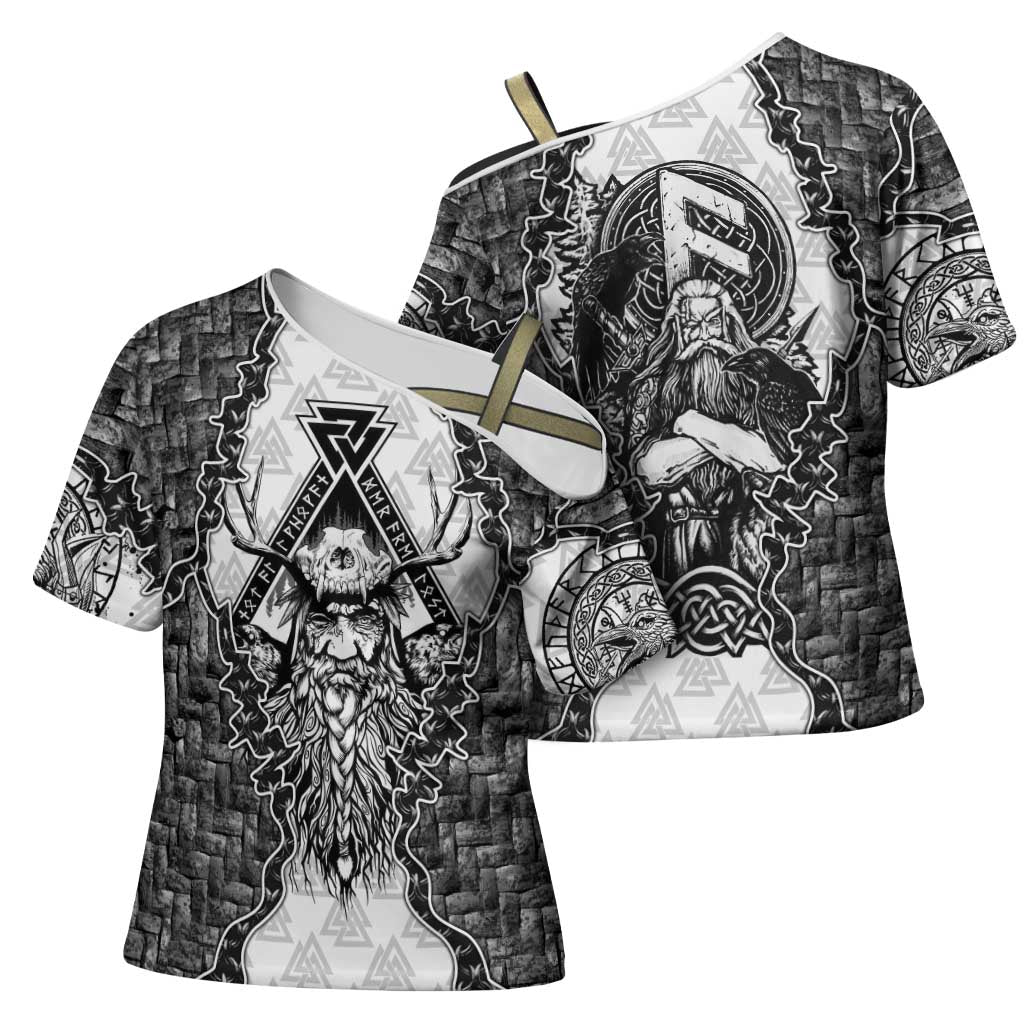 Odin and Skull Warrior Norse Mythology Cross Shoulder Shirt Viking Black and White Engraved Stone Art