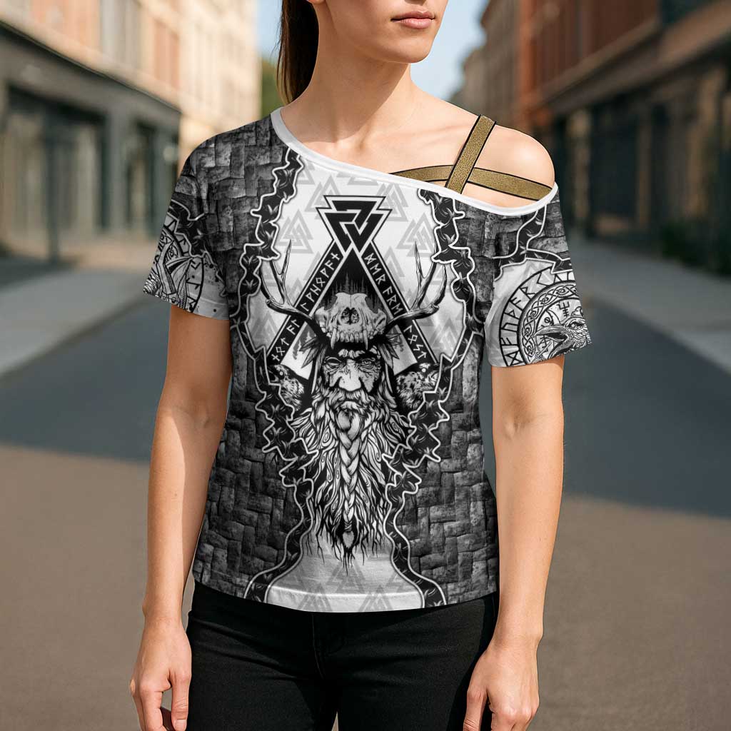 Odin and Skull Warrior Norse Mythology Cross Shoulder Shirt Viking Black and White Engraved Stone Art