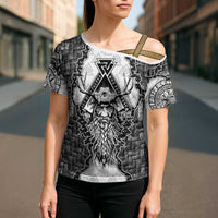 Odin and Skull Warrior Norse Mythology Cross Shoulder Shirt Viking Black and White Engraved Stone Art