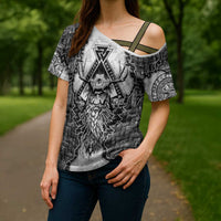 Odin and Skull Warrior Norse Mythology Cross Shoulder Shirt Viking Black and White Engraved Stone Art