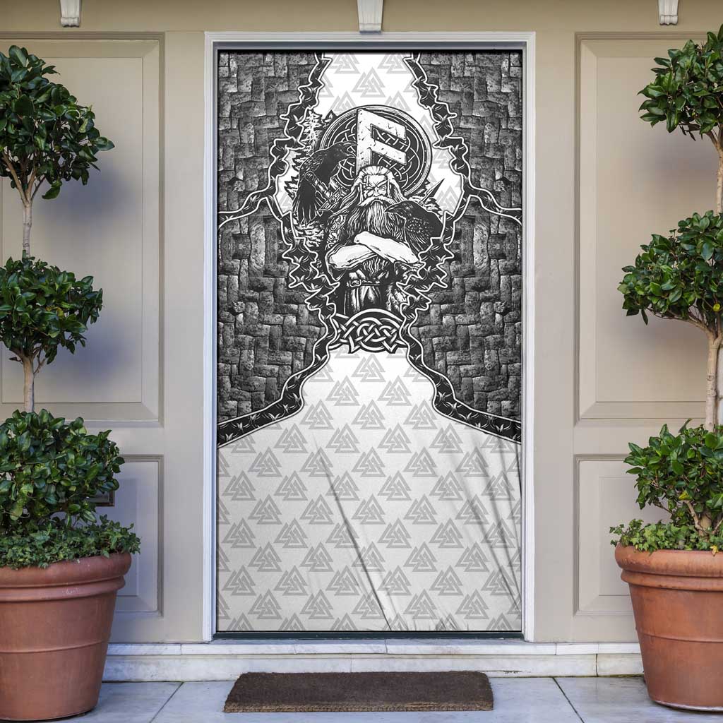 Odin and Skull Warrior Norse Mythology Door Cover Viking Black and White Engraved Stone Art