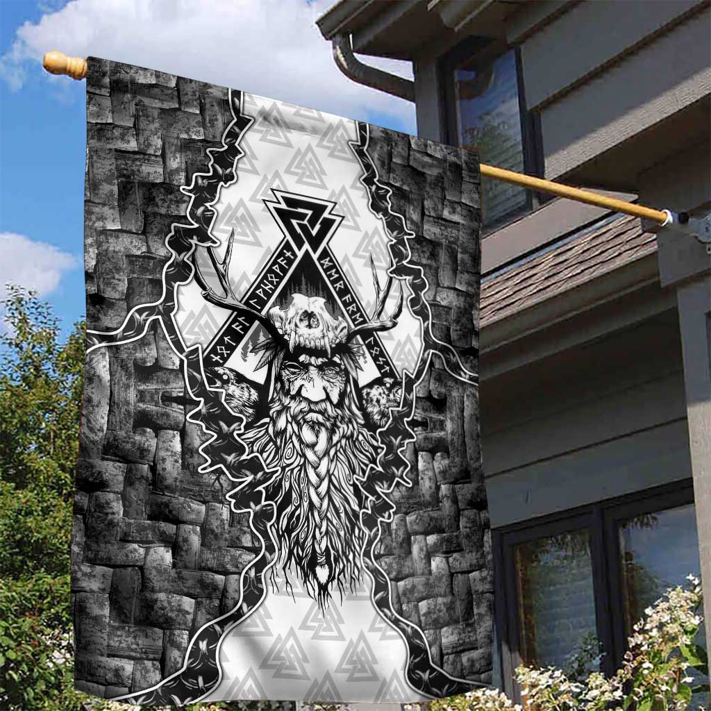 Odin and Skull Warrior Norse Mythology Garden Flag Viking Black and White Engraved Stone Art