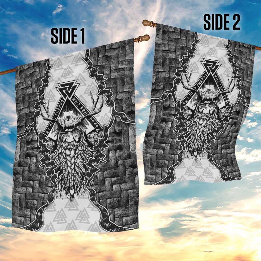 Odin and Skull Warrior Norse Mythology Garden Flag Viking Black and White Engraved Stone Art